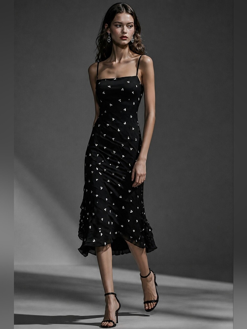 Tesuto Black Heart Print Slip Midi Dress Y2K Romantic XS